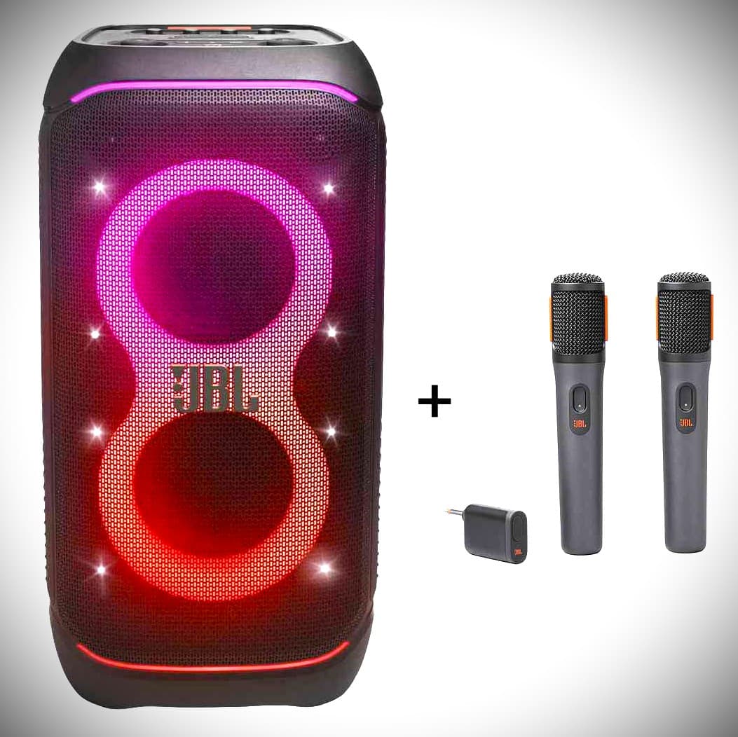 JBL 320 Aktivlautsprecher auf Stativ mit zwei Funkmikrofonen für die freie Trauung im Freien